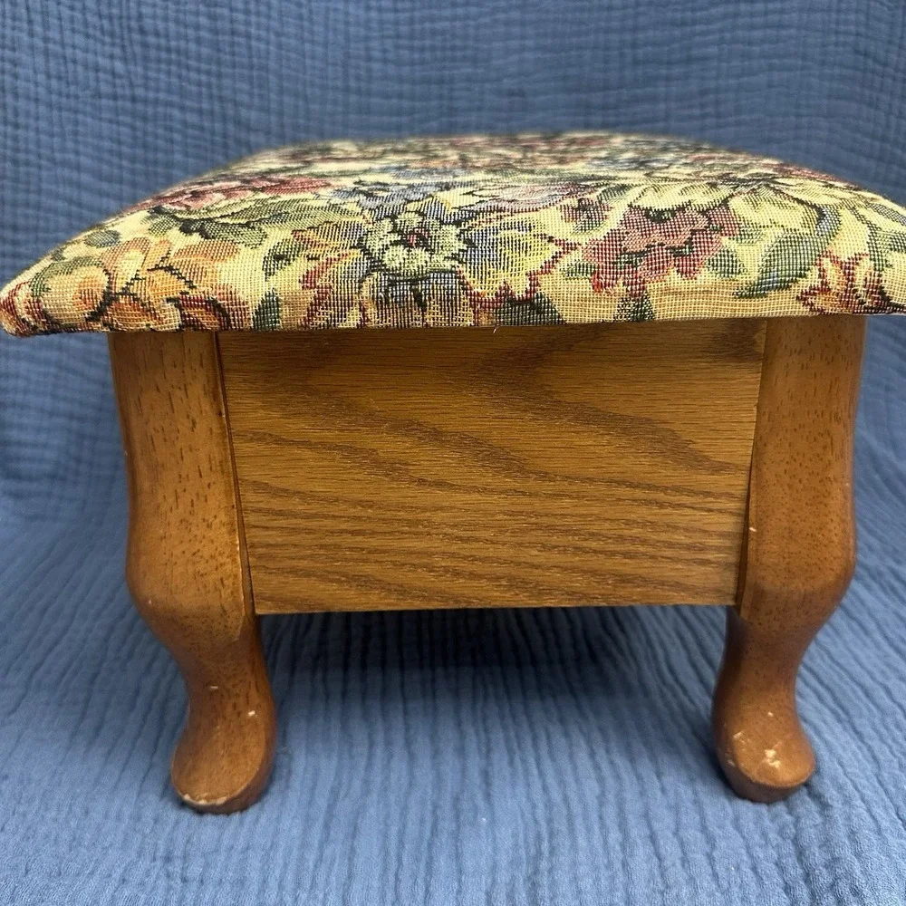 Vintage Wooden Tapestry Footstool Floral Upholstered Cushion Storage Bin Cottage